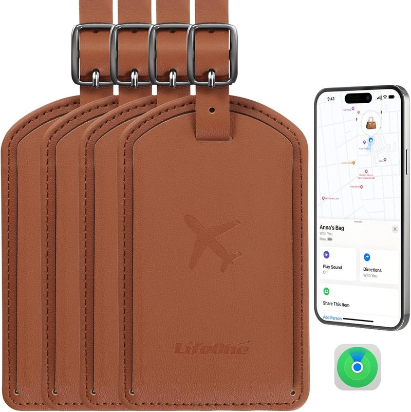 LifeChé Luggage Tags Built-in Anti-Loss Tracker, Luxury Leather Luggage Tags for Suitcase, Travel Bags, Backpacks, Travel Organizer for Lost Baggage Prevention (Brown*4 Pack) - Image 1